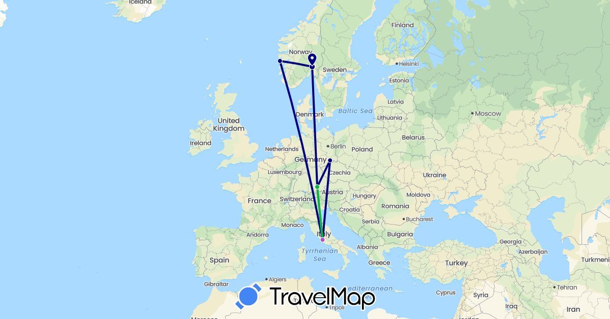 TravelMap itinerary: driving, bus, train in Germany, Italy, Norway (Europe)